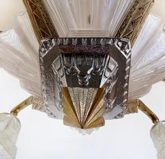 Art Deco Gilt Silvered Bronze Chandelier Frosted Glass Shades - 4641983