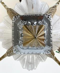 Art Deco Gilt Silvered Bronze Chandelier Frosted Glass Shades - 4641984