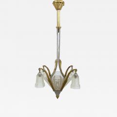 Art Deco Gilt Silvered Bronze Chandelier Frosted Glass Shades - 4642534