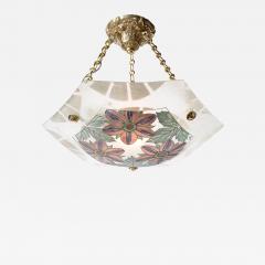 Art Deco Hexagonal Frosted Pressed Glass Pendant w Floral Details signed BHV - 4553644