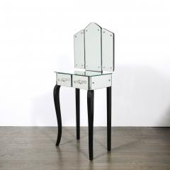 Art Deco Hollywood Mirrored Trifold Ebonized Cabriole Leg Vanity w Glass Pulls - 4622849