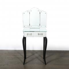 Art Deco Hollywood Mirrored Trifold Ebonized Cabriole Leg Vanity w Glass Pulls - 4622892