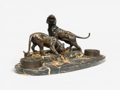 Art Deco Inkwell Desk Set Pen Holder Marble Bronze Panthers 1920s - 4592641