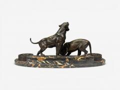Art Deco Inkwell Desk Set Pen Holder Marble Bronze Panthers 1920s - 4592643