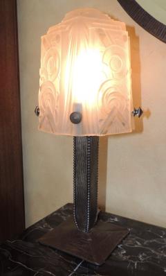 Art Deco Iron Table Lamp with Muller Style Glass Shade - 1601113