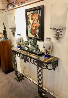 Art Deco Iron and Marble Grand Console Geometric French Style - 1352532