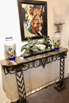 Art Deco Iron and Marble Grand Console Geometric French Style - 1352533