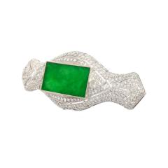 Art Deco Jadeite and Diamond Brooch Pin 18K White Gold - 3499991