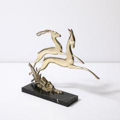 Art Deco Leaping Gazelle Sculpture in Polished Brass on Black Marble Base - 3599973