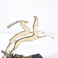 Art Deco Leaping Gazelle Sculpture in Polished Brass on Black Marble Base - 3599976