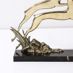 Art Deco Leaping Gazelle Sculpture in Polished Brass on Black Marble Base - 3599981