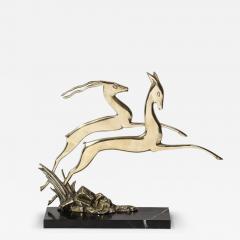 Art Deco Leaping Gazelle Sculpture in Polished Brass on Black Marble Base - 3602978