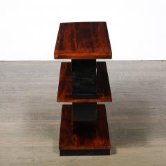 Art Deco Machine Age 3 Tier Walnut Side Table w Black Lacquer Round Support - 4792596
