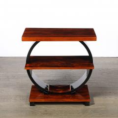 Art Deco Machine Age 3 Tier Walnut Side Table w Black Lacquer Round Support - 4792605