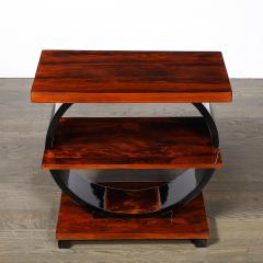 Art Deco Machine Age 3 Tier Walnut Side Table w Black Lacquer Round Support - 4792606