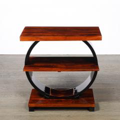 Art Deco Machine Age 3 Tier Walnut Side Table w Black Lacquer Round Support - 4792657