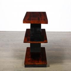 Art Deco Machine Age 3 Tier Walnut Side Table w Black Lacquer Round Support - 4792663