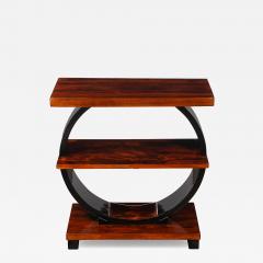 Art Deco Machine Age 3 Tier Walnut Side Table w Black Lacquer Round Support - 4793010