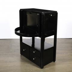 Art Deco Machine Age Bar Cabinet in Black Lacquer with Swivel and Drop Doors - 4566446