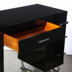 Art Deco Machine Age Black Lacquer Desk with Streamlined Chrome Pulls - 2143908