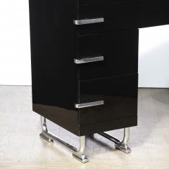 Art Deco Machine Age Black Lacquer Desk with Streamlined Chrome Pulls - 2143945