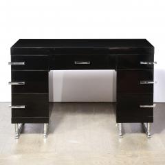 Art Deco Machine Age Black Lacquer Desk with Streamlined Chrome Pulls - 2143978