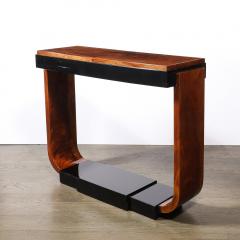 Art Deco Machine Age Book Matched Walnut w Black Lacquer Accent Console Tables - 4376947