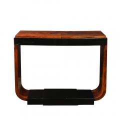 Art Deco Machine Age Book Matched Walnut w Black Lacquer Accent Console Tables - 4376950