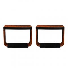 Art Deco Machine Age Book Matched Walnut w Black Lacquer Accent Console Tables - 4376955