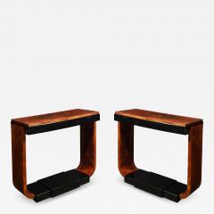 Art Deco Machine Age Book Matched Walnut w Black Lacquer Accent Console Tables - 4379189