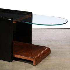 Art Deco Machine Age Bullet Form Glass Top Cocktail Table in Book Matched Walnut - 3409042