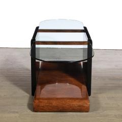 Art Deco Machine Age Bullet Form Glass Top Cocktail Table in Book Matched Walnut - 3409062