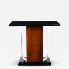 Art Deco Machine Age Console Table in Walnut Lacquer Banded Nickeled Supports - 4515356