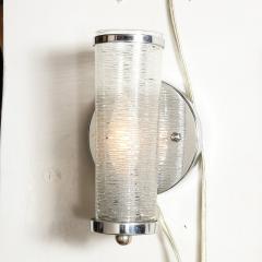 Art Deco Machine Age Cylindrical Textured Glass Sconces with Chrome Fittings - 2909191
