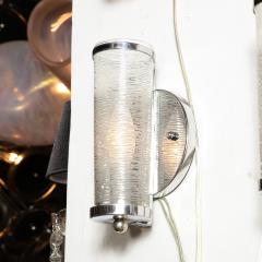 Art Deco Machine Age Cylindrical Textured Glass Sconces with Chrome Fittings - 2909194