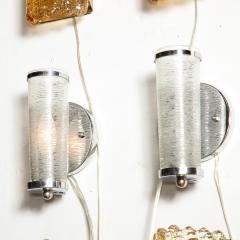 Art Deco Machine Age Cylindrical Textured Glass Sconces with Chrome Fittings - 2909237
