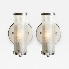 Art Deco Machine Age Cylindrical Textured Glass Sconces with Chrome Fittings - 2910754