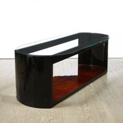 Art Deco Machine Age Lacquer Glass Bookmatched Walnut Bullet Cocktail Table - 2551282