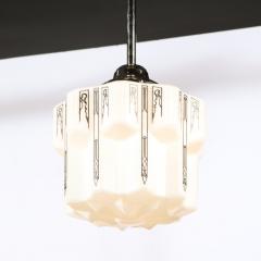 Art Deco Machine Age Milk Glass Pendant w Curvilinear Black Etched Details - 2093006