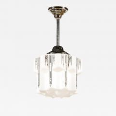 Art Deco Machine Age Milk Glass Pendant w Curvilinear Black Etched Details - 2094558