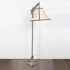 Art Deco Machine Age Skyscraper Style Aluminum Cubist Floor Lamp with Silk Shade - 1700668