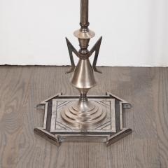Art Deco Machine Age Skyscraper Style Aluminum Cubist Floor Lamp with Silk Shade - 1700675