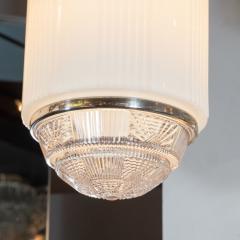 Art Deco Machine Age Skyscraper Style Chrome Opaque Pressed Glass Pendant - 1461648