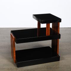 Art Deco Machine Age Three Tier Black Lacquer Walnut Side Table - 4792644