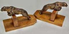Art Deco Metal Spotted Leopard Bookends on Wood Base - 1492365