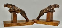Art Deco Metal Spotted Leopard Bookends on Wood Base - 1492366
