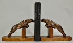 Art Deco Metal Spotted Leopard Bookends on Wood Base - 1492367