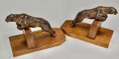 Art Deco Metal Spotted Leopard Bookends on Wood Base - 1492368