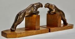 Art Deco Metal Spotted Leopard Bookends on Wood Base - 1492369