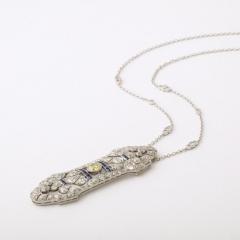 Art Deco Necklace in White Gold Yellow Diamond Diamonds Sapphires - 3197702